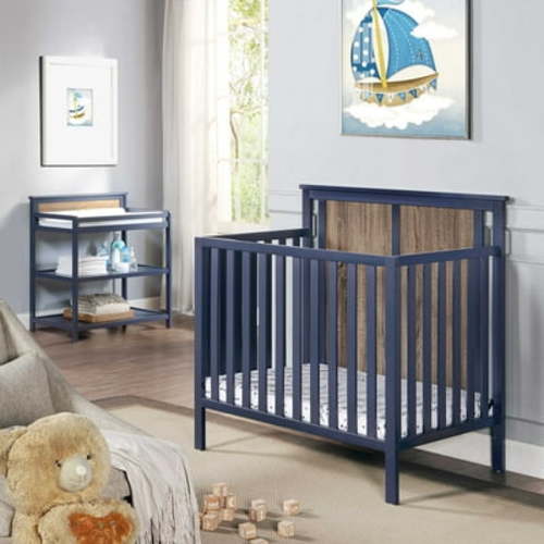 Connelly Mini Crib with Mattress Pad, Convertible 3-in-1 Design, Dual-Tone Finish, Midnight Blue/Vintage Walnut