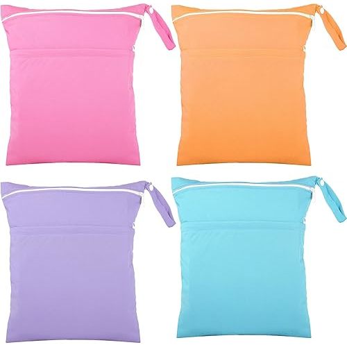 Shappy 4 Pcs Wet Dry Bag for Baby Cloth Diapers Waterproof Wet Bag Washable Travel Reusable with 2 Pocket for Travel Beach Pool(Blue, Purple, Pink, Orange)