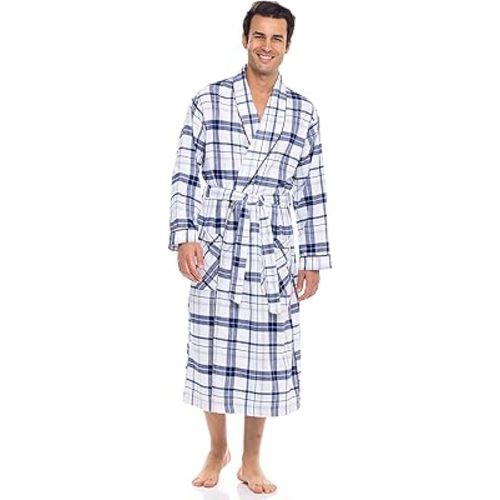 AMERICAN HEAVEN Men's Flannel Fleece Robe | Soft Cotton Shawl Collar Full Length Plaid Robe