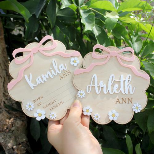 Birth Flower Signs | Pink Bow Coquette Baby Name Signs | Wooden Birth Signs|  Newborn Photo Signs at Hospital| Baby Shower Gifts