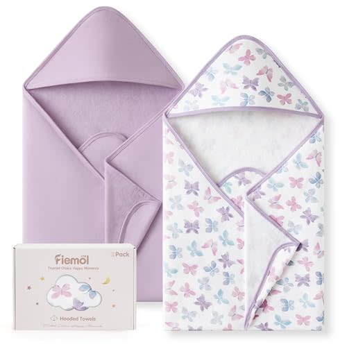 Baby Girl Bath Towels for Newborn, 100% Cotton Hooded Baby Towels for Infant Toddler, 2 Pack Bath Towels with Hood for Kids, 32x32 Inch Soft & Absorbent Knit Terry Bath Essentials Pink Rainbow
