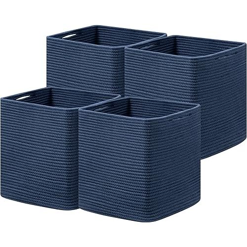 joybest Cube Storage Bins Set of 4, 13inch Cube Baskets Organizer for Nursery, Square Cotton Rope Baskets for Shelves Organizing, Kids Toy, Closet Storage, Navy Blue