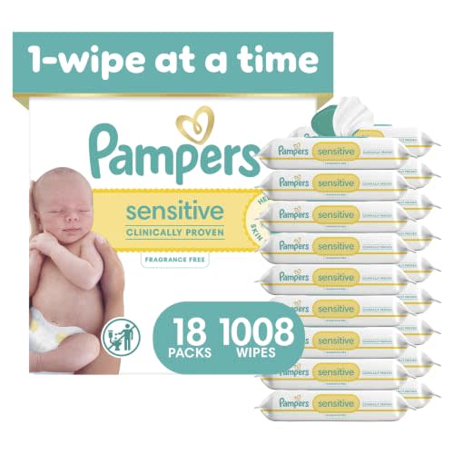 Pampers Sensitive Baby Wipes, Clinically Proven, Fragrance Free, Unscented, Water Based, Hypoallergenic, Multi-Use, Hand Wipes 1008 Wipes Total (18X Flip-Top Packs) [Packaging May Vary]