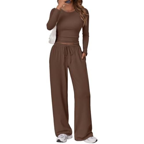 Trendy Queen Women's 2 Piece Matching Lounge Set Long Sleeve Slightly Crop Top Wide Leg Pants Casual Sweatsuit