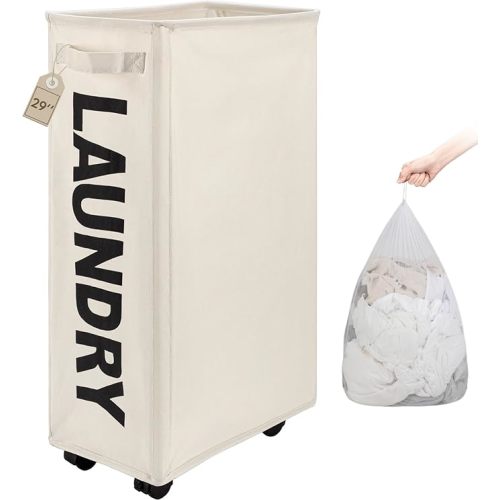 TOTANKI 29" Large Slim Rolling Laundry Basket on Wheels with Removable Bag, Foldable Laundry Hamper with Handle, Collapsible Laundry Sorter and Organizer, Tall Storage Basket Bin (Beige)