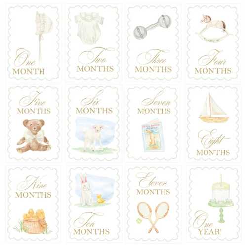 READY TO SHIP | Gender Neutral Watercolor Milestone Cards with Green Border, Baby Shower Gift for Mom-to-be, Luxury paper goods, Best Seller