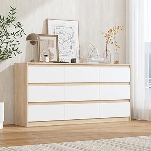 FUFU&GAGA 9 Drawer Dresser Chest of Drawers, 63” Wide Dressers, Modern Wood Drawer Chest Storage Organizer, No Handle Design, for Bedroom Living Room Hallway, Oak and White, 63”W x 15.7”D x 31.5”H