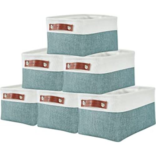 DECOMOMO Small Baskets | Storage Baskets for Organizing Shelves Linen Closet Bathroom Baby Cloth Nursery Fabric Bulk Decorative Empty Baskets for Gifts (Teal and White, Small - 6 Pack)