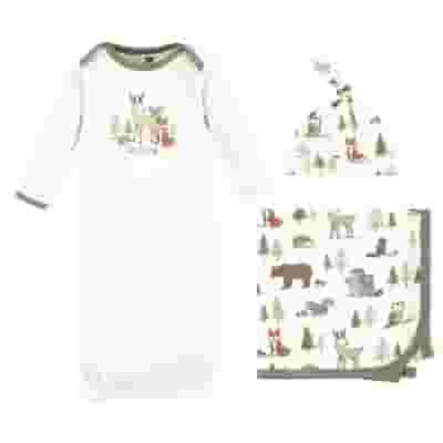 Hudson Baby Infant Boy Gown, Swaddle Blanket and Cap or Headband, Forest Animals, 0-6 Months