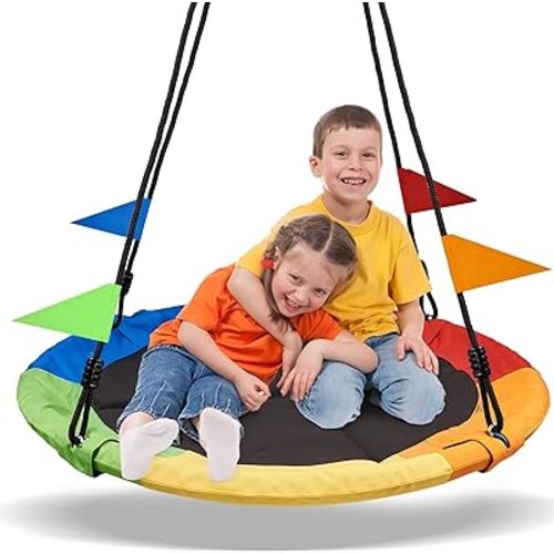 PACEARTH 40 Inch Saucer Tree Swing Flying 900lb Weight Capacity 2 Added Hanging Straps Adjustable Multi-Strand Ropes Colorful Safe and Durable Swing Seat for Children