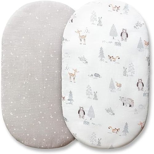 Muslin Bassinet Sheets for Baby Girls and Boys, Soft & Breathable Cotton Bed Oval, Hourglass Rectangular Cradle Mattress, 2 Pack,(Animal Print Stars, White Grey (CRIB202305)