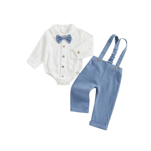 Suealasg Baby Boys Spring Fall Outfit Sets Long Sleeve Lapel Button Up Romper Solid Color Suspender Pants Sets 3 6 9 12 18 Months Infant Boys 2Pcs Clothes