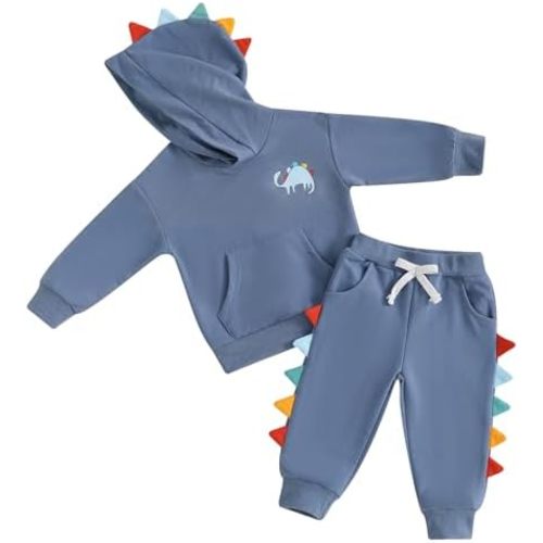 Infant Baby Boy Hooded Clothes Set Dinosaur Color Block Sweatshirt Pant Set Toddler Fall Winter Outfit 0-24 Months