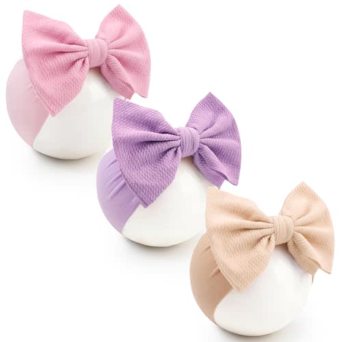 kexinstar Baby Bow Headbands 3 Pcs Baby Girl Headbands with Bows Soft Nylon Beige/Purple/Pink Headband Bows for Baby Girls, Newborns, Infants