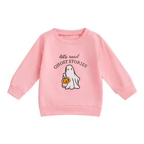 Newborn Halloween Baby Clothes Infant Girl Boy Letter Print Crew Neck Sweatshirt Romper Long Sleeve Jumpsuit (Pink, 6-12 Months)