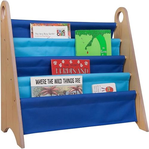 Wildkin Kids Modern Sling Bookshelf for Boys and Girls, Wooden Design Features Two Top Handles and Four Fabric Shelves, Helps Keep Bedrooms, Playrooms, & Classrooms Organized -Natural w/Multi-Blue - Natural Multi Blue