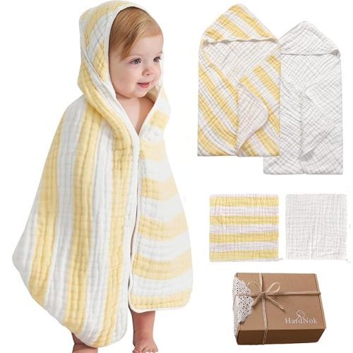 4-Pack Muslin Hooded Baby Bath Towel Set - 100% Organic Cotton, (2) 6-Layer 32x32 Towels & (2) Washcloths, Newborn & Infant Gift Set (Yellow Striped & White)