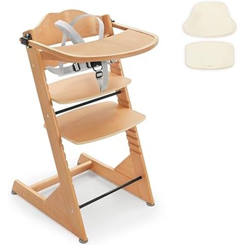 Convertible Wooden High Chair for Babies and Toddlers - Baby Feeding Chair& Toddler Dining Chair with Removable Tray, Cushion and Harness, Natural Color