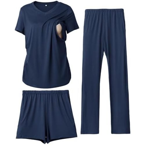 Rnxrbb 3 Piece Women's Maternity Nursing Pajamas Set V Neck Breastfeeding Pjs Sleepwear Postpartum Shorts&Pants Pockets
