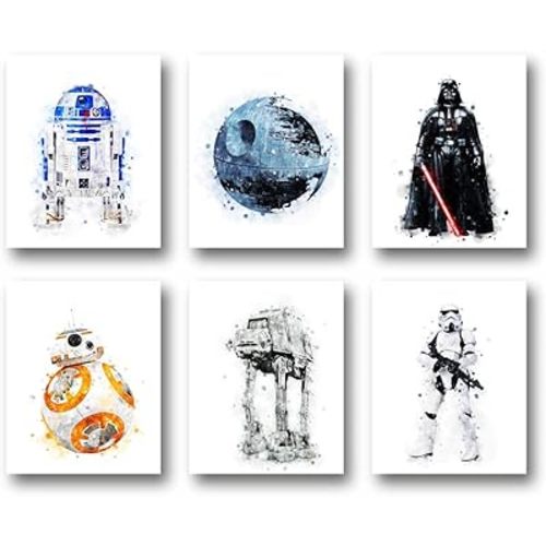 PurpleheARTs StarWars Wandkunst-Posterdrucke,StarWars Wandkunst,Set mit 6 ungerahmt (20.3x25.4 cm),Poster für Jungenzimmer,StarWars Raumdekoration,StarWars Wanddekoration, StarWars Dekor