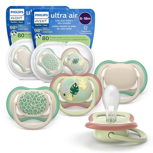 Philips Avent Ultra Air Pacifiers - Orthodontic Design, for Babies 6-18 Months, Soft Silicone Symmetrical Nipple, BPA-Free, 2 Sterilizing Cases, 4 Pack, SCF087/26