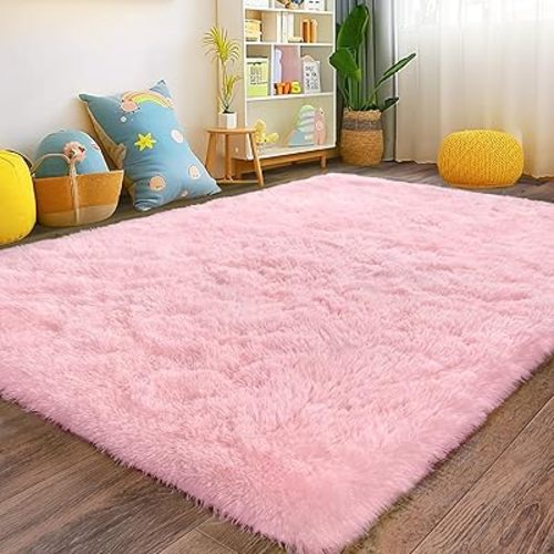 Fluffy Pink Area Rug for Bedroom Girls, 5x7 Soft Fuzzy Plush Shag Rug for Living Room, Cute Comfy Throw Rug for Kids, Non-Slip Indoor Shaggy Floor Carpet for Nursery Teen Dorms Home Decor Aesthetic