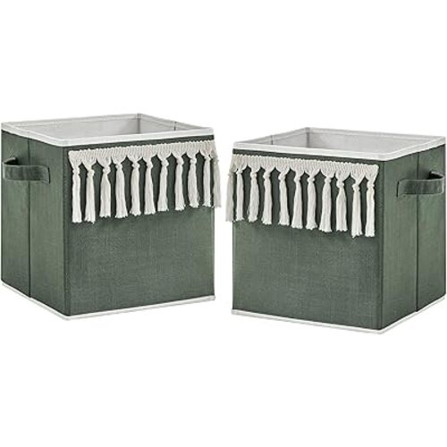 Sweet Jojo Designs Dark Green Boho Chic Foldable Fabric Storage Cube Bins Boxes Organizer Baby Solid Sage Hunter Ivory Bohemian Gender Neutral Linen Tassel Modern Farmhouse Designer Minimalist Set 2