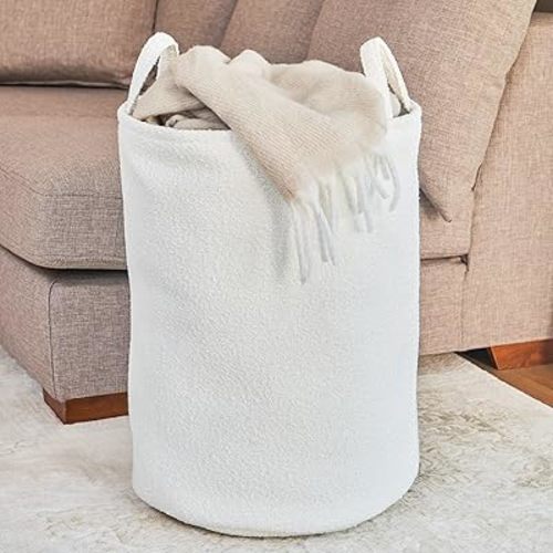 Laundry Hamper Basket Boucle, Nursery Hamper for Blanket Storage for Bedroom, White, 60L