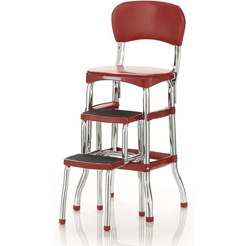 COSCO Stylaire Retro Chair + 2-Step Step Stool with Pull-Out Steps, 7 Ft. 11in Max Reach, 200 lb Weight Capacity, Steel and Vinyl (Red, one pack)