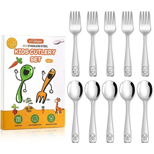 VITEVER 10-Piece Toddler Utensils, Kids Stainless Steel Silverware Set, Children Safe Forks and Spoons - Mirror Polished, Dishwasher Safe