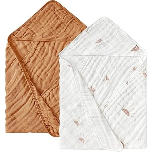 JELLYMONI Muslin Baby Hooded Bath Towels for Newborn, 2 Pack 100% Cotton Baby Bath Towel with Hood for Baby, Infant, Toddler and Kids, Large 32 x 32 Inch Baby Bath Towels Soft and Absorbent