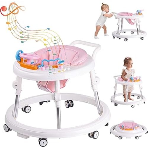 Baby Walker Foldable, Baby Walkers and Activity Center for Boys Girls Babies 6-12 Months with Feeding Tray & Music, and 5 Adjustable Heights, Baby Walker with Wheels…