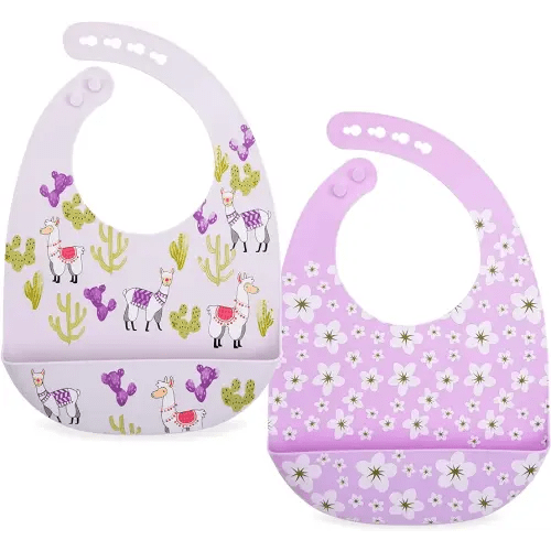 Nuby 2 Pack Adjustable Easy Clean Soft Silicone Bibs with Scoop, Flowers & Llama