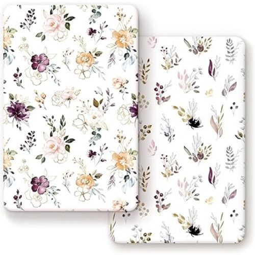 GRSSDER Stretchy Ultra Soft Jersey Knit Fitted Pack n Play Sheets Set 2 Pack,Fits Portable Playard/Mini Cribs Mattress Snug and Safe,Watercolor Purple Flora for Baby