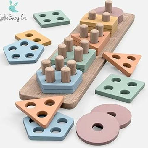 Jolie Baby Co. Montessori Toys for 18+ Months Old - Toddlers Wooden Sorting and Stacking Toys for Baby Boys and Girls - Shape Sorter and Color Stacker Preschool Kids Wood Gifts