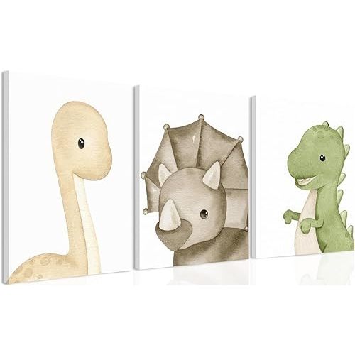 arfitest Dinosaur Wall Art Kids Boys Room Canvas Wall Decor Dino Nursery Wall Art Pictures Baby Dinosaur Poster Prints for Boys Bedroom Bathroom 12x16 Inch Framed Set of 3