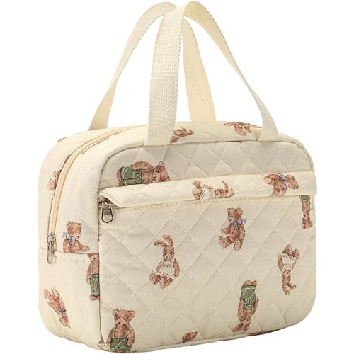 Large Size Quilted Coquette Makeup Bag, Cute Preppy Floral Cotton Travel Cosmetic Organizer Bag with Top Handle, Multi-Layer Travel Toiletry Pouch for Girls (04Bear)