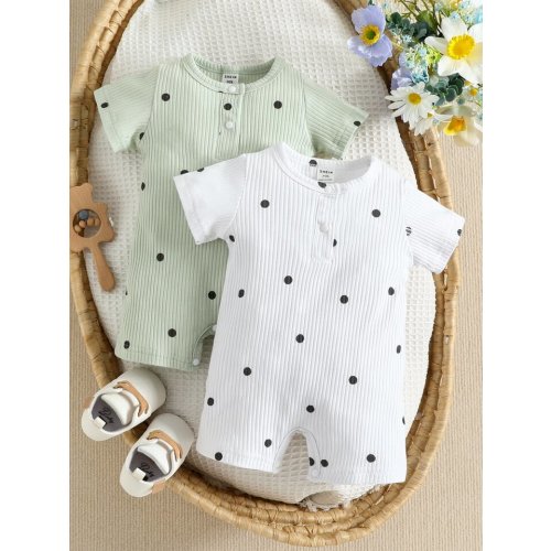 SHEIN Newborn Baby 2pcs Polka Dot Rib Knit Romper