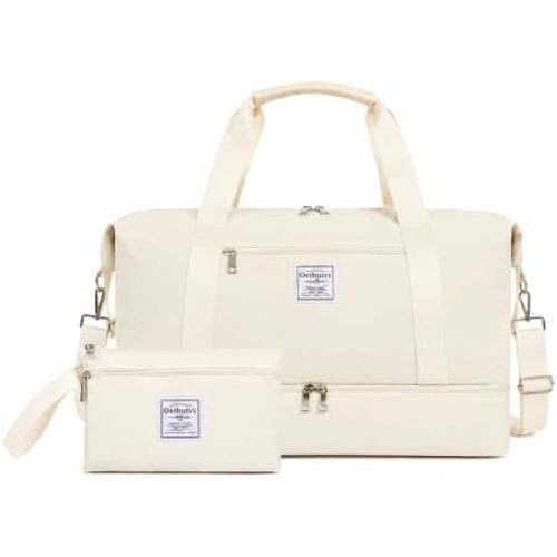 Oeihuivt Weekender Bags for Women - 21 Inch Large Travel Duffel Bag with Shoe Compartment, Heavy-Duty Canvas Leather Carry On Overnight Tote (JC -D-beige)