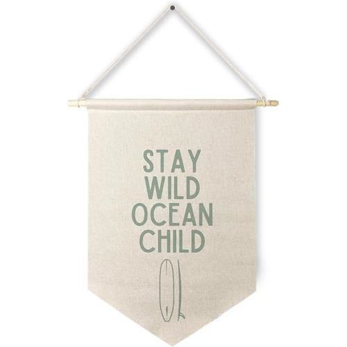 Qpenm Ocean Nursery Decor, Stay Wild Ocean Child Wall Hanging Canvas Banner, Coastal Nautical Surfing Hanging Pennant Flag Posters Prints for Kids Room Nursery Classroom Playroom Decor