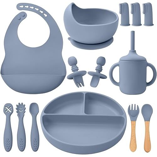 Silicone Baby Feeding Set 14 Pcs,Baby Led Weaning Supplies, Baby Spoons Suction Bowl Divided Plate Bib Cup Finger Brush,First Stage Solid Food Eating Utensils - 6+ Months(Blue Gray)