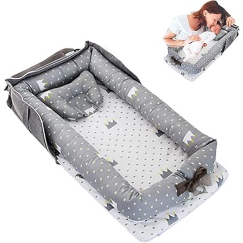 Baby Lounger with Pillow,Baby Lounger for Newborn Portable,Baby Nest Cosleeping for Baby in Bed Adjustable Size & Strong Zipper Lengthen Space to 24 Months(Crown Grey)
