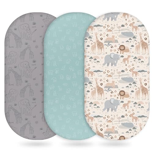 Unnivoll Baby Bassinet Sheets Girl Boy, Fitted Bassinet Sheet Set 3 Pack Bassinet Mattress Sheets Universal Fit for Rectangle, Round, Oval, Hourglass Mattress, Soft Breathable Elephant