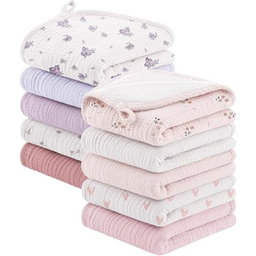 Bearmoss 10 Pack Muslin Burp Cloths, Soft Absorbent Baby Burping Cloths for Unisex Boys and Girls, Newborn Essentials Large Extra Washcloths, 20x10 inches (Pink Purple)