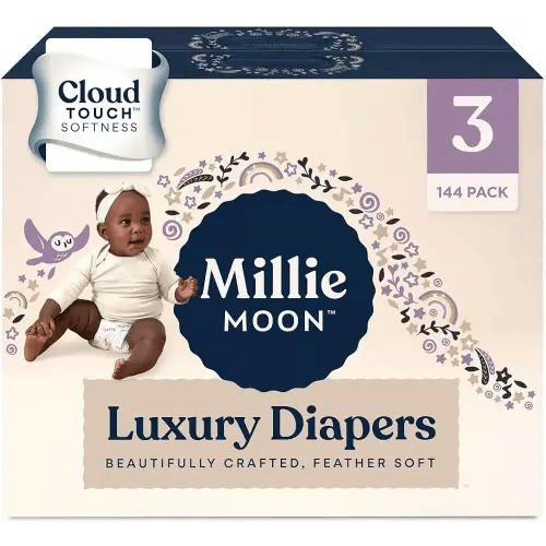 Millie Moon Luxury Diapers – Ultra Soft Cloud Touch Disposable Diapers with 12 Hour Absorbency & Wetness Indicator (3-144ct)