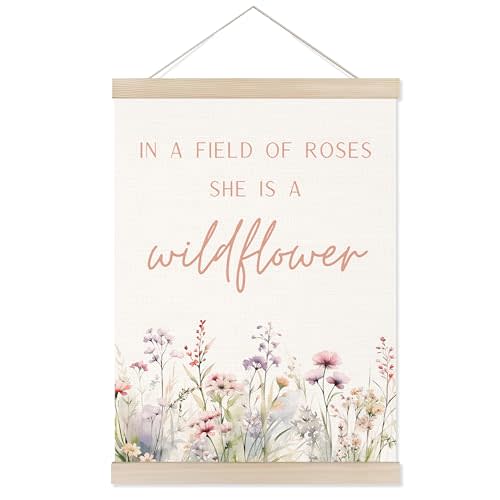 Welshower Boho Floral Girl Nursery Poster Hanger Frame, Wildflower Nursery Decor, in a Field of Roses She Is a Wildflower Wall Art Prints Decor for Baby Girls Room Bedroom Framed, 12x16 Inch