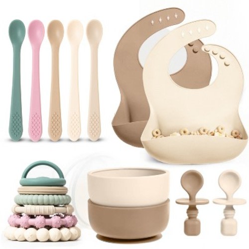 Silicone Baby Essentials Set – Tan Stacking Toy, Feeding Bibs, Suction Bowls with Spoons & First-Stage Spoons – BPA-Free, Safe for Infants & Toddlers