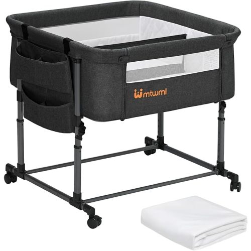 MTWML Twin Bassinet for 2 Babies, Portable Twins Crib with Storage Bag and Replaceable Mattress Cover, Adjustable Height Double Bedside Crib Attaches to Bed with Strap for 0-6 Months, Black | Twin Bassinet, Portable Crib, Replaceable Cover, Adjustable Hei