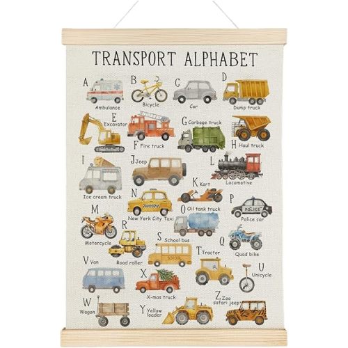 Nrleey Transport Alphabet Poster for Toddlers - ABC Posters for Toddlers, Educational Banner Poster Hanger Frame for Kids, Construction Decor for Boys Room Playroom Wall Art, 12x16 Inches