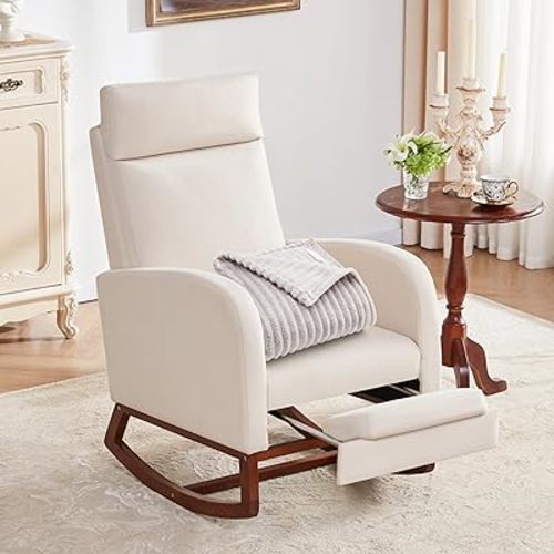 Nursery Rocking Chairs with Foot Rest, Glider Rocking Chair Nursery with High Back, High Back Rocking Chair, Baby Nursery Glider Rocker, Nursing Chair Accent Living Room Beige with Blanket